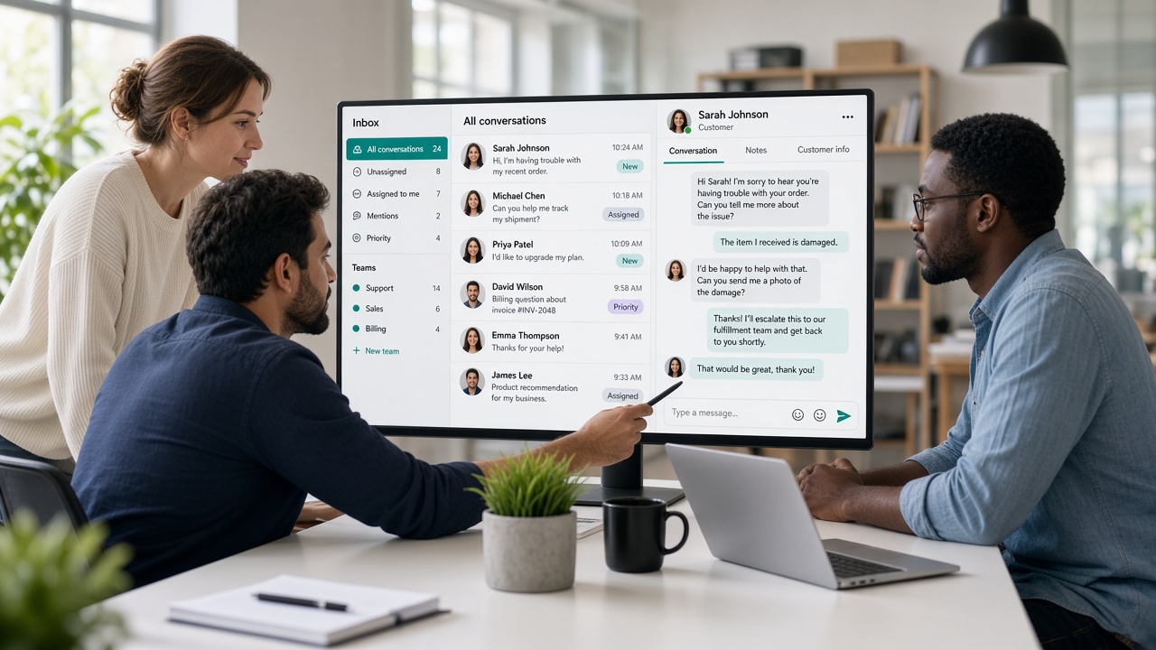 WhatsPluso shared WhatsApp inbox with conversation and contact panel
